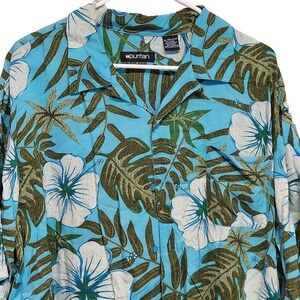 Puritan Mens XL Hawaiian Shirt Turquoise Blue Hibiscus Tropical Floral Rayon